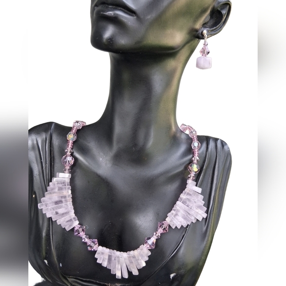 STUNNING VINTAGE ART DECO STYLE AMETHYST & GLASS NECKLACE & EARRINGS - Picture 1 of 8